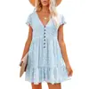 2022 Primavera y Verano Europeo y Americano Estación Independiente Amazon Cuello en V Botones Estampado Floral Pequeño Manga Corta Holgado Casual Vestido Mujer