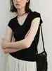 Camiseta de manga corta de tacto frío y fibra fina con cuello UV, camiseta de punto de corte ajustado, adelgazante, fina, fresca, para mujer