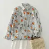 Foto real de la nueva blusa de otoño con estampado de plantas frescas, blusa artística estampada estilo francés, top versátil para mujer