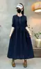 Novo Vestido Vintage de Algodão e Linho com Estampa Floral para Primavera e Outono, Corte Solto com Gola Alta de Renda e Cintura com Cordão