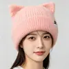 Gorro de Punto con Orejas de Gato Lindas Orejas de Gato 3D Gorro de Lana Otoño Invierno Etiqueta de Tela para Mujer Calentador Gorro de Punto