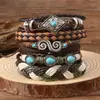 Pulsera tejida de cuero nueva europea y americana Turquesa de imitación Vintage con cuentas de cuero Traje Pulsera Moda para hombre y mujer Pulsera
