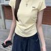 Camiseta de Manga Corta con Cuello Redondo Bordada con Lazo Estilo Coreano 2026 Verano Nuevo Ajuste Delgado Versátil Top Fruncido para Mujer
