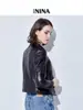 Jaqueta de Couro Haining com Gola Alta de Pele de Ovelha para Mulheres, Curta Slim Fit Simples de Botão Único Jaqueta Biker, Casaco de Couro Genuíno Feminino