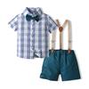 2025 Exportação Roupas Infantis Verão Novo Europeu e Americano Bolinhas Manga Curta Camisas de Meninos Shorts Suspensórios da Moda Ternos Infantis Crianças