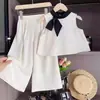Conjunto Casual Elegante para Niñas 2026 Verano Nuevo Chaleco Elegante con Lazo y Pantalones Largos Conjunto de Dos Piezas Moderno