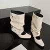 Botas quadradas Chuyuji estilo coreano com salto bloco para mulheres, que aumentam a altura, de cano médio com fivela, botas da moda frescas de uso duplo para o verão