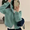 Cardigã de tricô com zíper, capuz e listras coloridas estilo coreano, novo top suéter solto e relaxado outono/inverno, peça de outer wear feminina