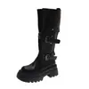 Fivela de Cinto Retrô Versátil Botas de Motociclista Design de Moda Outono Feminino Tamanho Pequeno Botas de Couro Sola Grossa Aumento de Altura Botas de Cavaleiro