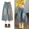 Shorts jeans cropped de perna larga com bainha curva desconstruído bordado estilo retrô americano para mulheres, calças compridas retas soltas de comprimento médio para o verão