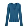 Camisa Base Manga Longa Gola V Profunda Botões Estilo Spicy Girl Outono Inverno Novo Estilo Ombro Normal Afunilada na Cintura Canelada Camiseta Roupa de Baixo