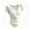 Camiseta blanca de manga corta estilo francés minimalista con cuello en U, imitación de dos piezas, para mujer, top de verano con empalme de encaje, corte ajustado