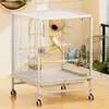 Gaiola de pássaros grande com porta de vidro transparente, adequada para uso doméstico, com design à prova de respingos, ideal para periquitos australianos, e possui rodas para facilitar a mobilidade.; também adequado para calopsitas e outras espécies de papagaios