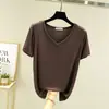 Camiseta de mujer de manga corta con cuello en V, color blanco liso de verano, nueva camiseta básica de modal estilo coreano para mujer