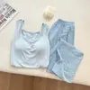 Conjunto de Camisola con Almohadillas en el Pecho, Ropa de Dormir de Verano Suelta para Mujer, Top de Imitación de Algodón + Pantalones, Algodón Nube con Cuello de Solapa