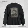 Estampado facial creativo, diseño de dos piezas simulado, manga larga, cuello redondo, camiseta estilo hombre, adecuada para primavera y otoño, corte holgado, inspiración streetwear, top de cuello redondo