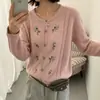 Suave y lujoso, cárdigan de forro polar con bordado floral y cuello redondo, suéter de punto para mujer de otoño e invierno