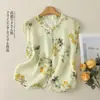 Camisa Artística Estampada Vintage Nova de Verão com Gola Franzida, Colete Casual Fino de Botão Único