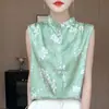 Camiseta sin mangas estampada de estilo chino de nuevo estilo para verano para mujer con cuello de encaje, chaleco versátil de meter, top básico holgado y elegante