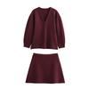 Otoño Transfronterizo para Mujer Cuello en V Manga Larga Simple de Punto Ajustado Chaqueta de Punto Plano Mini Falda 2142134 2142133