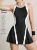 Ropa de Yoga Transfronteriza Estilo Nuevo Bloqueo de Color Tirantes Cruzados Vestido Deportivo Falda de Tenis de Verano para Mujer Mono Adelgazante de Cintura Alta