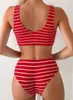 Biquíni Sexy Degradê Duas Peças, Maiô Dividido Estilo Fonte Termal para Mulheres, Estilo Duas Peças Listrado para Férias, Estilo Garota Apimentada