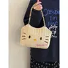 Bolsa de Tote Tejida Bordada de Gato Lindo de Verano Nueva Casual Versátil de Paja Gran Capacidad Bolso de Mano para Viajar