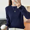 Blusa de tricô de algodão puro com gola redonda e design de trança em cores contrastantes, estilo coreano, versátil, simples e elegante, blusa de tricô feminina de manga longa