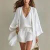 Transfronterizo Europeo y Americano Verano 2026 Nuevo Estilo Holgado Algodón y Lino Media Longitud Cárdigan Chaleco sin Mangas Pantalones Cortos Casual Conjunto de Tres Piezas