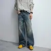 Jeans Azul Largo de Cintura Alta Tendência High Street Estilo Retrô Americano 2026 com Padrão Qi Lin