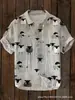 Moda de Verano Tallas Grandes Ropa Juvenil para Hombre Camisa de Manga Corta Cárdigan de Lino Solapa Gato Divertido Estampado de Pintura a Tinta