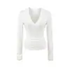 Camiseta de Manga Larga con Diseño de Chica Atractiva, Cuello en V Plisado por Ambos Lados para Mujer, Dobladillo Elástico Ajustado, Color Sólido Asimétrico, Top Básico