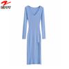 Vestido Largo de Punto Sencillo Versátil para Todos los Días Personalizado Sexy Estilo Francés Ins Manga Larga Color Sólido Abertura Lateral Delgado de Longitud Media