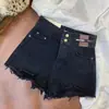 Shorts Jeans com Duas Botões e Etiqueta para Mulheres, Cintura Alta, Novo Estilo, Solto, Rasgado, de Perna Larga, Fino, Corte A, Hot Pants Ultra-Curtos Sexy Quentes para o Verão