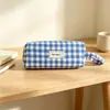 Estojo xadrez estilo coreano, bolsa de material escolar para estudantes de grande capacidade, portátil, multifuncional, com fecho de zíper, para organizar e guardar itens