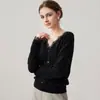 Cardigan de Tricô Botões Cor Sólida Gola V com Acabamento em Renda Francesa Cashmere Solto Casual Versátil para o Dia a Dia Feminino