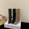 Botas Largas de Pierna Ancha Falsas de Dos Piezas con Correas, Botas de Caballero de Tacón Alto de Piel Genuina, Botas Retro de Punta Redonda con Tacón Grueso y Plisados