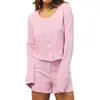Novas roupas de casa para outono e inverno da Ozon: conjunto de duas peças de cardigan jacquard de malha com shorts de manga comprida, pijama feminino, estilo europeu e americano