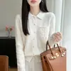 Novo Suéter 100% Lã Outono/Inverno para Mulheres, Cardigã Tricotado com Gola Polo, Manga Longa, Bolso, Padrão Crochê Vazado, Suéter Espessado