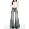 Pantalones Acampanados de Mezclilla Lavada Amarilla Vintage para Mujer, Nuevo Estilo Americano de Cintura Baja Street Slimming Pantalones Acampanados Lavados Sueltos