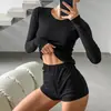 Conjunto de Dos Piezas de Verano Nuevo Estilo Europeo y Americano de Punto Elástico con Mangas Largas que Cubren las Caderas Pijamas Transpirables Amigables con la Piel Ropa de Casa para Mujer