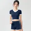 Conjunto Deportivo de Color Contrastante Refrescante UPF50+ para Mujer, Conjunto de Dos Piezas para Fitness Yoga, Pantalones Cortos con Cordón de Manga Corta y Cuello en V Adelgazantes
