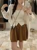 Jaqueta Suéter Colete Cor Sólida Estilo Coreano Suave para Mulheres Outono e Inverno Novo Versátil Conjunto de Duas Peças Cardigan de Tricô para Mulheres 1128