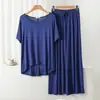 Conjunto de Pijama Casual Duas Peças Feminino de Modal com Gola Redonda e Manga Curta com Calça de Perna Larga Roupas de Casa Tamanho Plus Size Solto