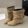 Hebilla 2026 Punta Cuadrada Botines Cortos Mujer Tacón Grueso Botas de Mujer Botas de Chica Popular Circunferencia Amplia de Pantorrilla Nuevo Estilo Pierna de Pantalón Moda Estilo Motociclista