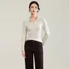2613705-16-camisa base feminina de outono com gola polo, malha fina de 16 agulhas, textura de linho ultrafina, corte slim