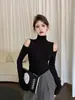 Elegante suéter de punto hueco, de cuello medio alto y hombros descubiertos para mujer, perfecto como capa base sofisticada para otoño e invierno, un top sexy y que realza la figura