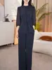 [En Stock] Nuevo Estilo Verano 2026 Conjunto de Ropa para Mamá de Mediana Edad, Top de Gasa Azul Marino con Cordón Ajustable en la Cintura y Conjunto de Pantalones de Pierna Ancha