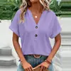Primavera/Verano 2026 Europeo y Americano Transfronterizo Amazon Sitio Independiente Camiseta Casual para Mujer Color Sólido Botones Cuello en V Top Dulce de Manga Corta
