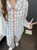 Pijama lindo con cuello de muñeca para mujer, cárdigan dulce de algodón nube de manga larga para primavera y otoño, conjunto de ropa de casa estilo princesa talla grande